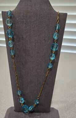 Gold Blue Clear Rounded Beads Infinity Necklace 17"